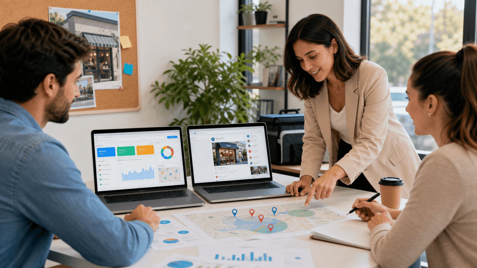 Split-screen illustration of a laptop showing analytics charts beside smartphone ads icons on a clean white background