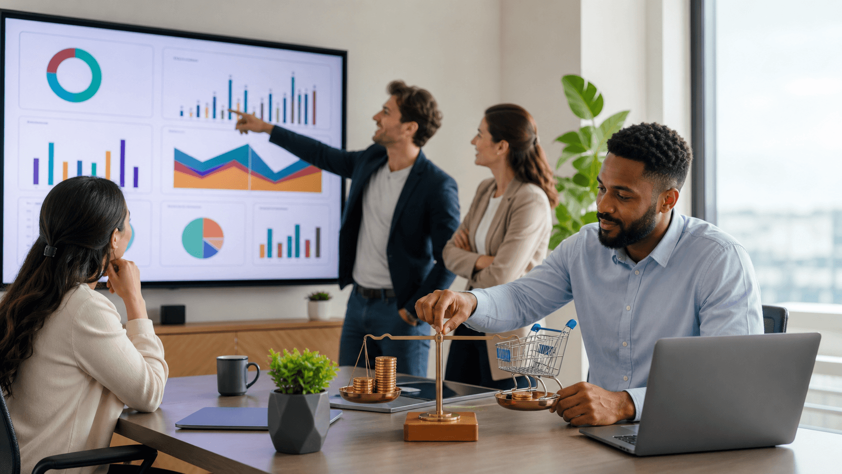 Small business owner at a desk reviewing analytics on a laptop, with a Google Ads chart and dollar icons floating nearby