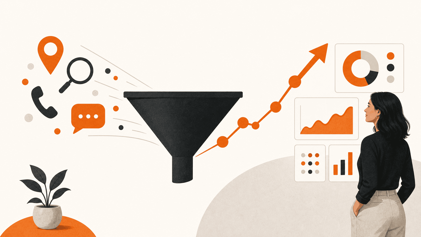 Minimalist blue-and-white graphic with a three-step funnel diagram and icons connected by arrows on a clean background