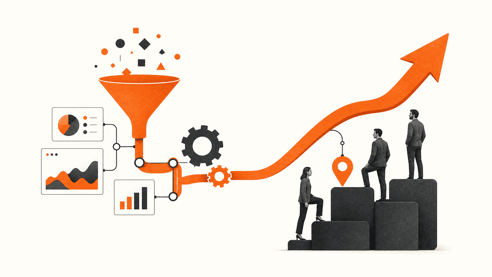 Split-screen graphic of a robot on one side and a businessperson on the other, in blue and orange tones.
