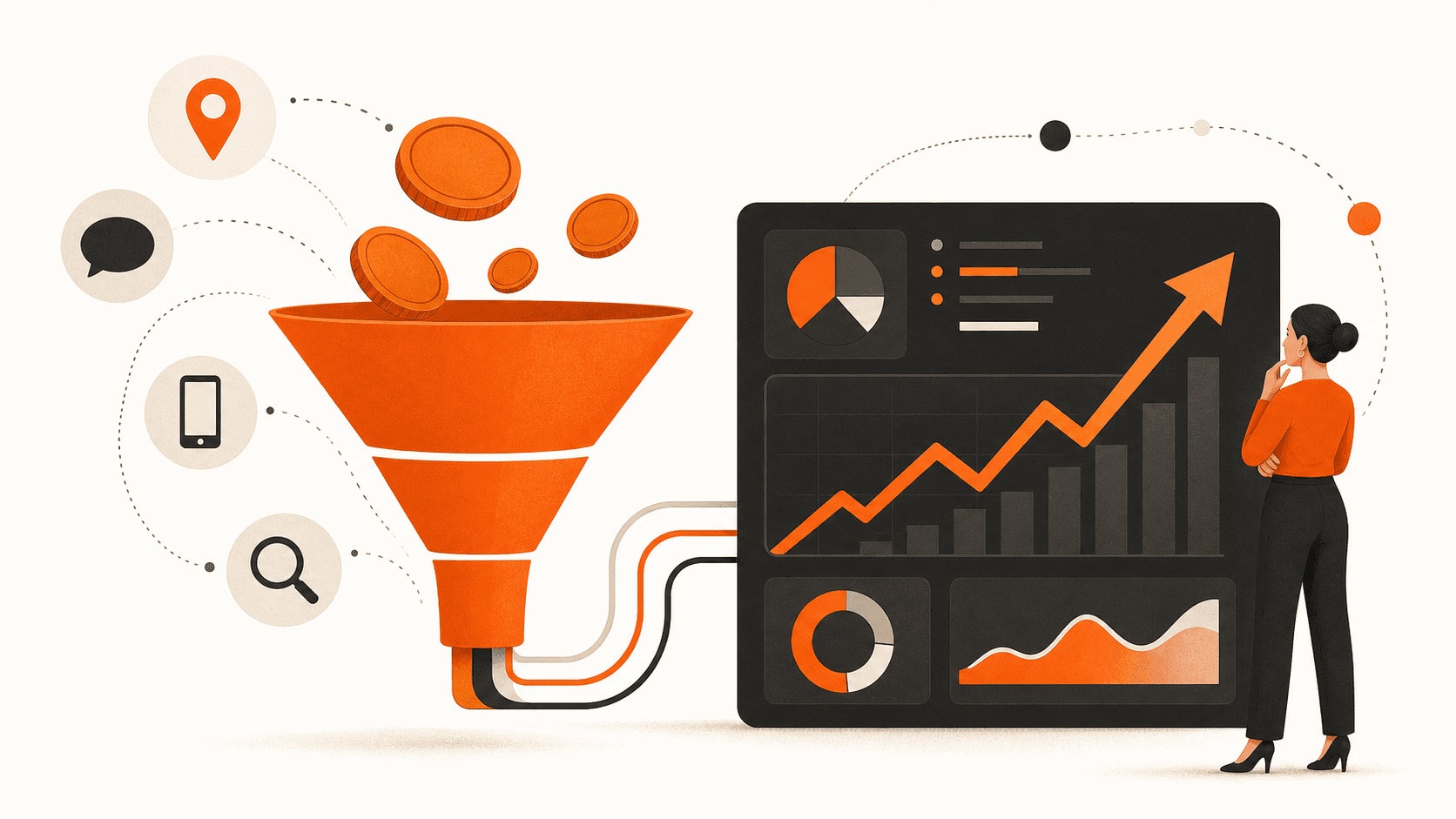 Colorful flat illustration of a megaphone beside coins and a laptop on a clean white background.