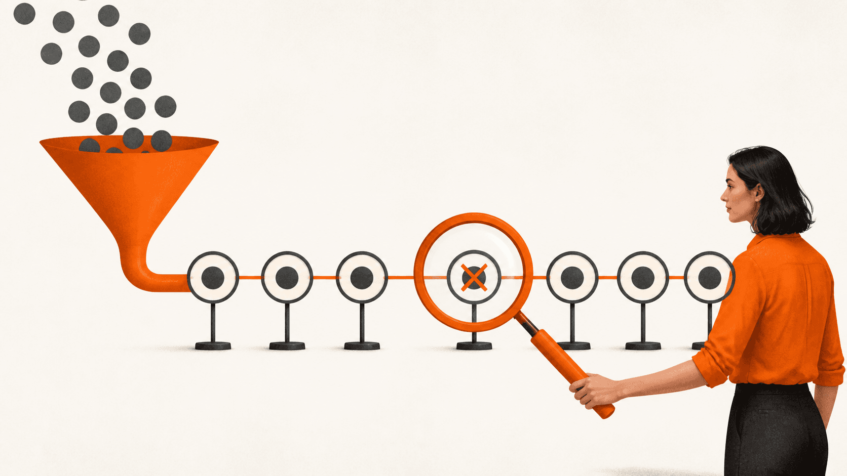 Blue funnel graphic with a magnifying glass highlighting a red bottleneck against a dark background.