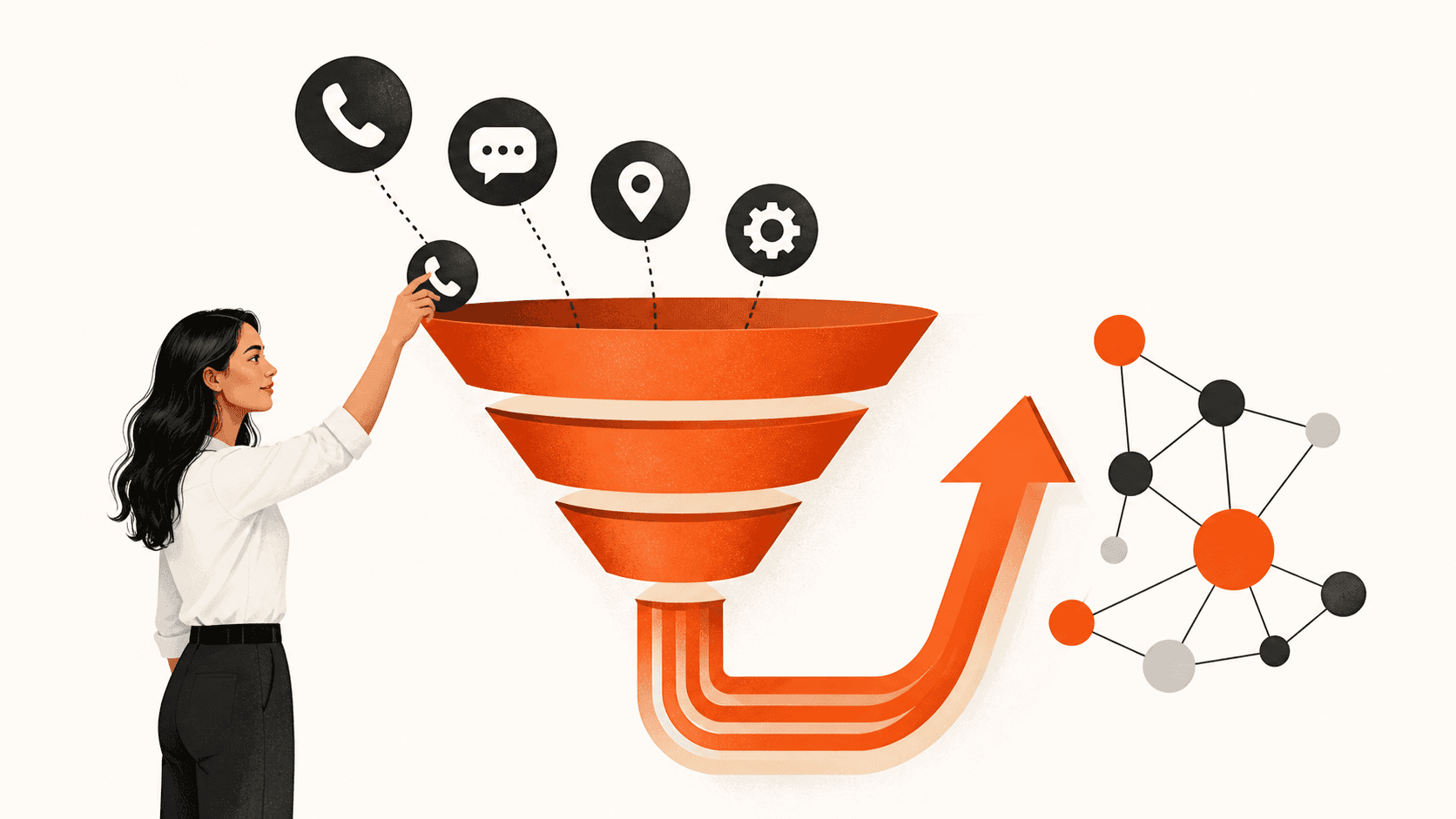 Glowing blue sales funnel graphic with connected icons and upward arrows on a dark background