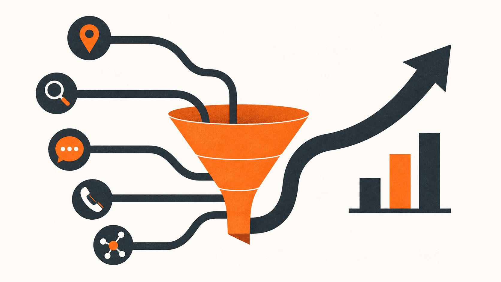 Minimalist illustration of a glowing blue funnel above a city map, with dotted paths leading to store icons.