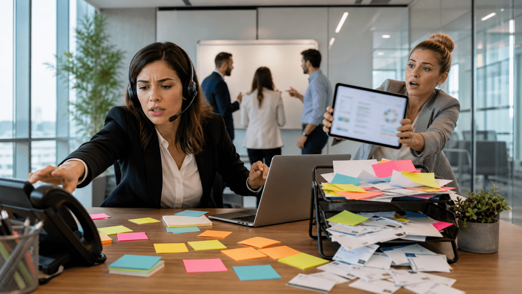 Businesswoman at a laptop racing a stopwatch icon against a stream of incoming email notifications