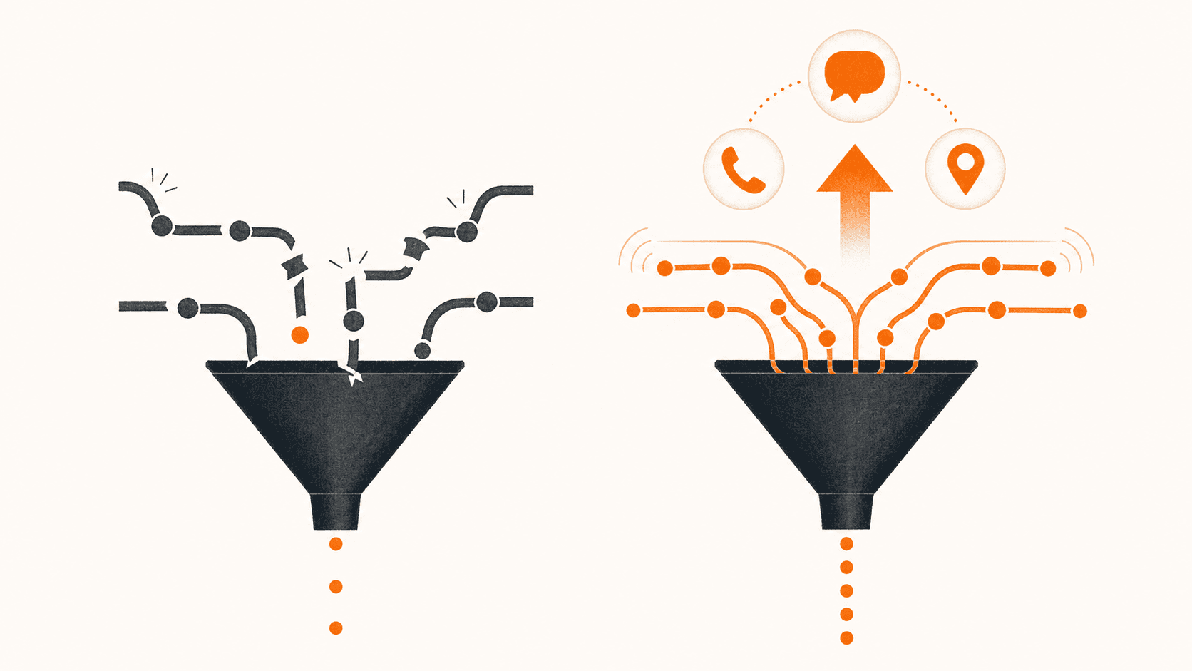 Split-screen illustration of two businesspeople competing for glowing lead icons, with blue and orange lighting.
